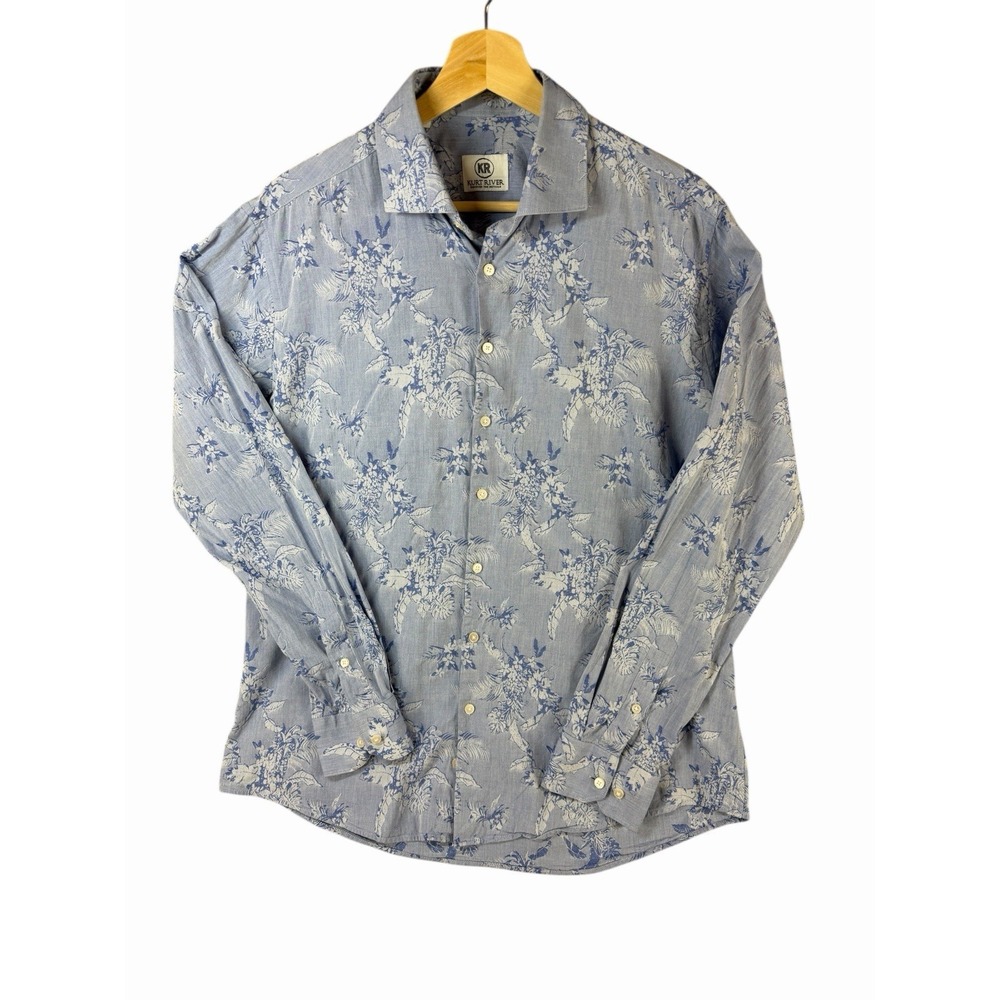 Kurt River Men's Large Slim Fit Floral Button Down Shirt Blue White Cotton